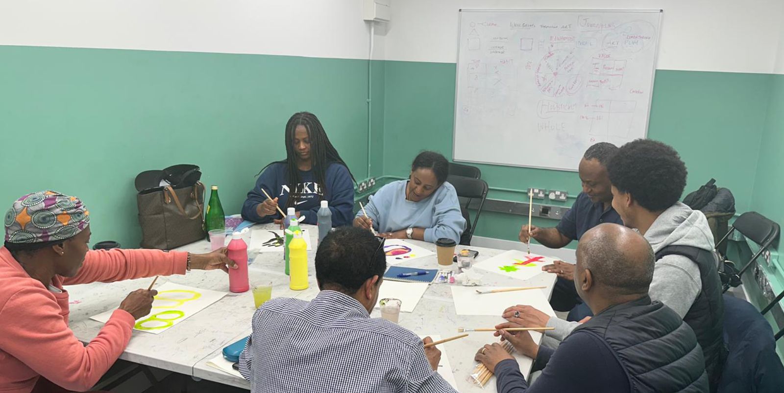 Participants painting together in a wellbeing through art workshop